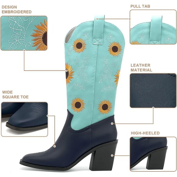 Nzzoo Western Boots Women Blue With Black Cowboy Wide Mid Calf Cowgirl Shoes - Picture 2 of 7